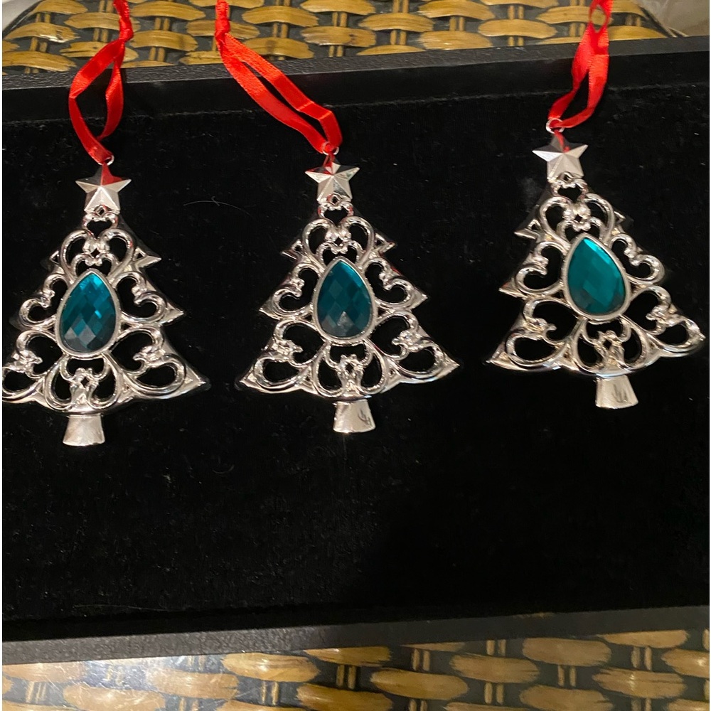 LENOX Bejeweled Silver Plated Green Christmas Ornaments 3 Total 🎄
